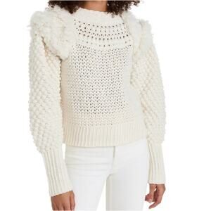 Sea New York Darcy Fringe Merino Wool Chunky Knit Ivory Sweater Womens Size XL